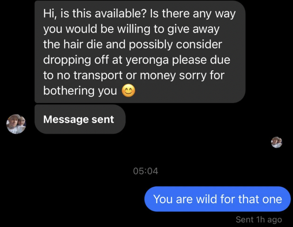 A screenshot of a messaging app conversation. The first message reads, "Hi, is this available? Is there any way you would be willing to give away the hair dye and possibly consider dropping off at Yeronga please due to no transport or money. Sorry for bothering you 😊". The response reads, "You are wild for that one".