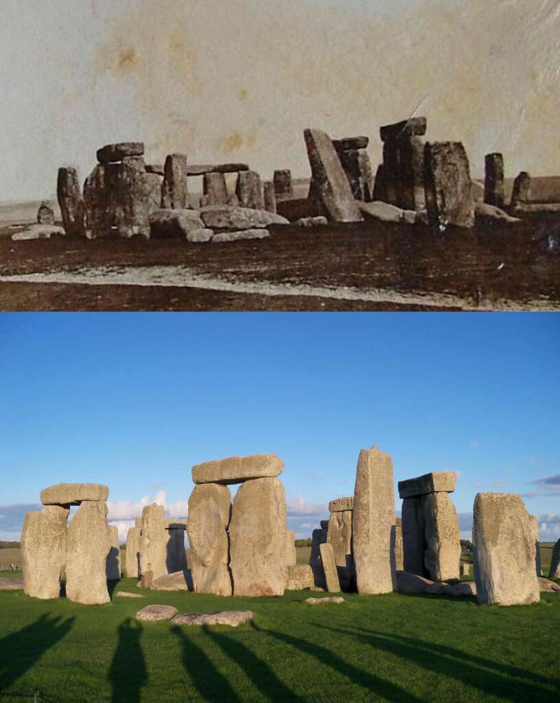 A side-by-side comparison of Stonehenge: the top image is an old black-and-white photograph showing a dilapidated, partially collapsed state, while the bottom image is a modern color photograph showing the iconic stone structure largely intact and bathed in sunlight.