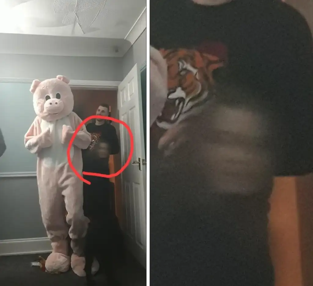 A person in a pink pig costume is standing in a room next to a doorway. Another person stands at the door, and a red circle highlights something in their hand, partially obscured. A black dog is jumping up toward the person at the door. A close-up of the circled area is shown.