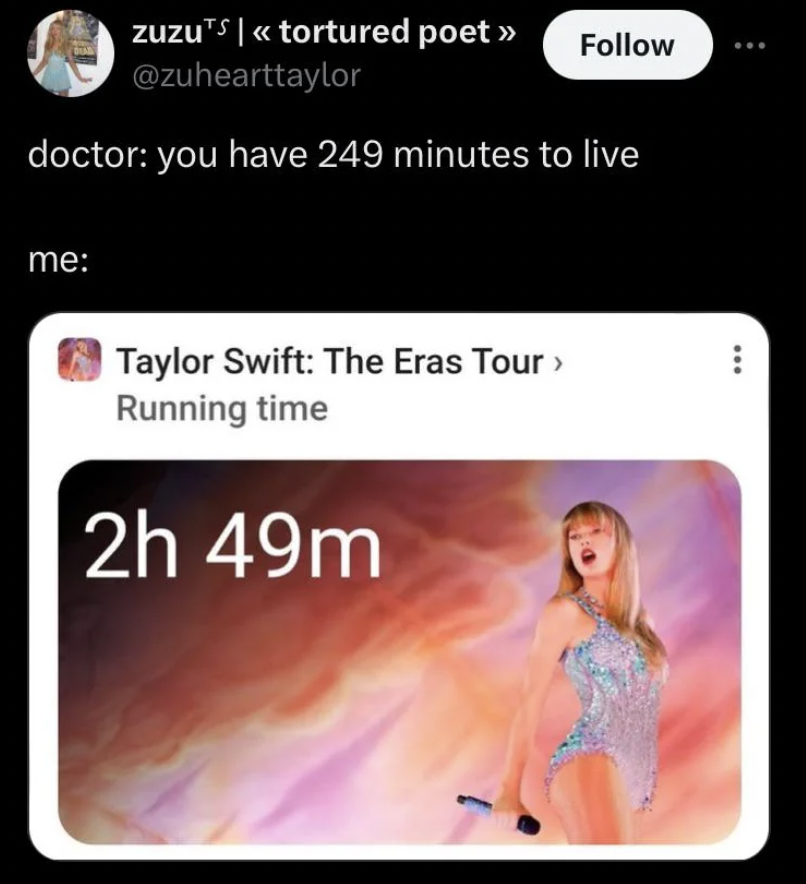 A tweet from the user "zuzu" with the handle "@zuhearttaylor" says: "doctor: you have 249 minutes to live. me:". Below the tweet is an image of Taylor Swift's "The Eras Tour" with a running time of 2 hours and 49 minutes. Taylor Swift is performing on stage, wearing a sparkly outfit.