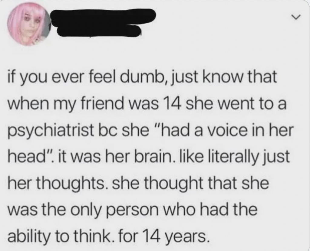 A tweet with a profile picture of a person with pink hair. The tweet reads: "if you ever feel dumb, just know that when my friend was 14 she went to a psychiatrist bc she 'had a voice in her head'. it was her brain. like literally just her thoughts. she thought that she was the only person who had the ability to think. for 14 years.