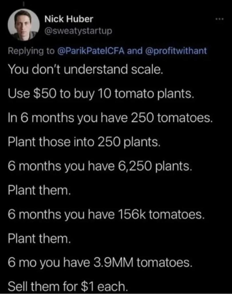 A tweet from Nick Huber (@sweatystartup) explains an exponential planting strategy. It starts with buying 10 tomato plants for $50. In 6 months, these yield 250 tomatoes. Replanting yields 6,250 tomatoes in another 6 months. Eventually, it scales to 3.9 million tomatoes sold at $1 each.