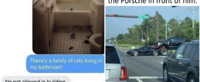 On the left, a text exchange where a tenant reports rats in the bathroom, but the landlord dismisses them, citing pet rules and overdue rent. On the right, a photo of a lifted truck at a traffic light, unable to see the low Porsche directly in front.