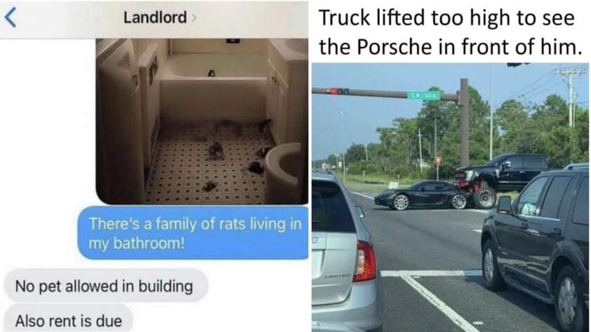 On the left, a text exchange where a tenant reports rats in the bathroom, but the landlord dismisses them, citing pet rules and overdue rent. On the right, a photo of a lifted truck at a traffic light, unable to see the low Porsche directly in front.
