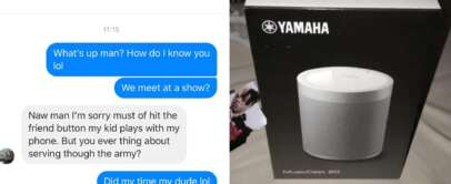 A two-image collage. The left side shows a Facebook Messenger conversation: "What's up man? How do I know you lol," to which the other person replies, "We meet at a show?" and more. The right side shows a Yamaha MusicCast 20 speaker in a box with text: "A $400 whoops later.