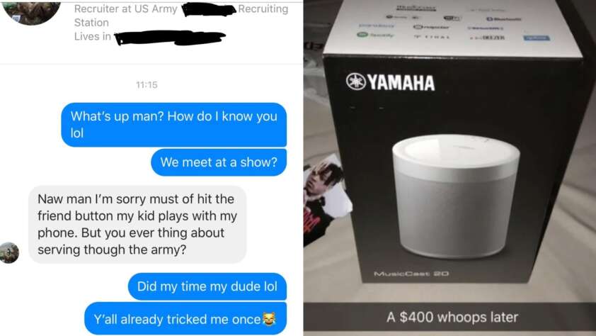 A two-image collage. The left side shows a Facebook Messenger conversation: "What's up man? How do I know you lol," to which the other person replies, "We meet at a show?" and more. The right side shows a Yamaha MusicCast 20 speaker in a box with text: "A $400 whoops later.