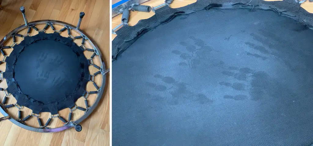 A small exercise trampoline is shown on a wooden floor. The left side of the image provides a top-down view of the entire trampoline, revealing its circular frame and black jumping surface. The right side of the image shows a close-up of the surface with visible handprints.