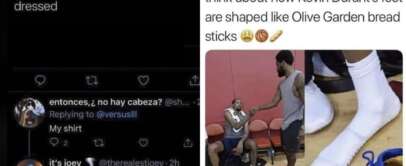 A split image with two different memes. The left image shows a Twitter conversation about what people put on first when getting dressed, ending with "ok winnie the pooh." The right image features a photo of two basketball players, one tying his shoes, with a caption about Kevin Durant's feet resembling Olive Garden breadsticks. Various emojis, including thinking, basketball, and breadstick, are used.