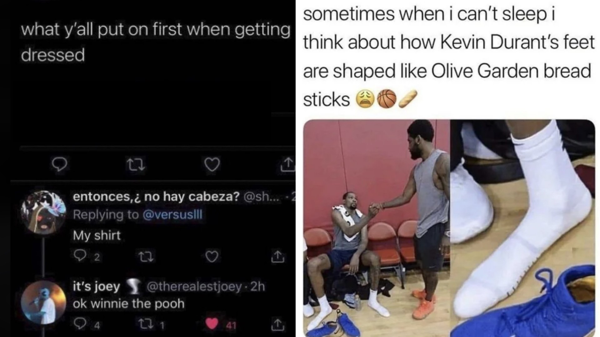 A split image with two different memes. The left image shows a Twitter conversation about what people put on first when getting dressed, ending with "ok winnie the pooh." The right image features a photo of two basketball players, one tying his shoes, with a caption about Kevin Durant's feet resembling Olive Garden breadsticks. Various emojis, including thinking, basketball, and breadstick, are used.