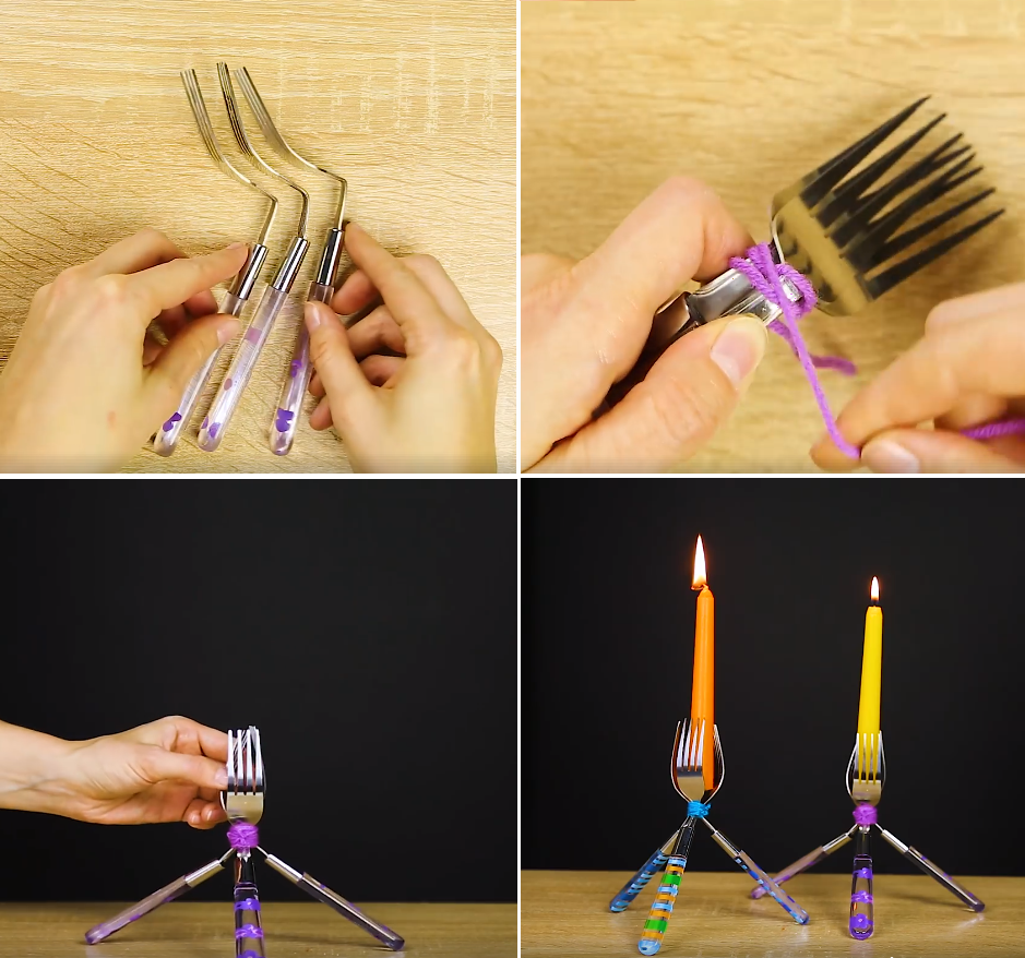 Four-step tutorial showing how to create a candle holder using forks. First, three forks are bent and arranged together. Second, purple yarn is used to bind their handles. Third, a close-up of the binding. Fourth, the finished holders with candles lit.