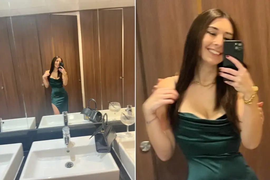 Split image: On the left, a woman in a green dress takes a mirror selfie in a bathroom with wooden stall doors, two sinks, and bags on the counter. On the right, a close-up of the woman smiling and taking a selfie, showcasing her dress and long hair.