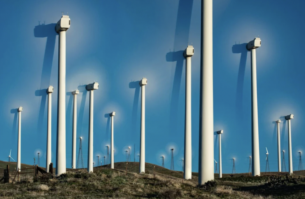 A series of tall wind turbines stand on a grassy hillside, casting long shadows under a clear blue sky. The turbines' blades are not visible as they are likely captured in motion, blending with the bright sunlight. Sparse dry vegetation is seen on the ground.