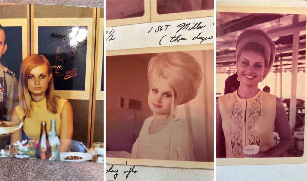 A collage of three vintage photographs of a woman with different hairstyles. In the first photo, she's seated at a table; in the second, she has a high bouffant hairstyle; in the third, she's outside smiling and holding a cup.