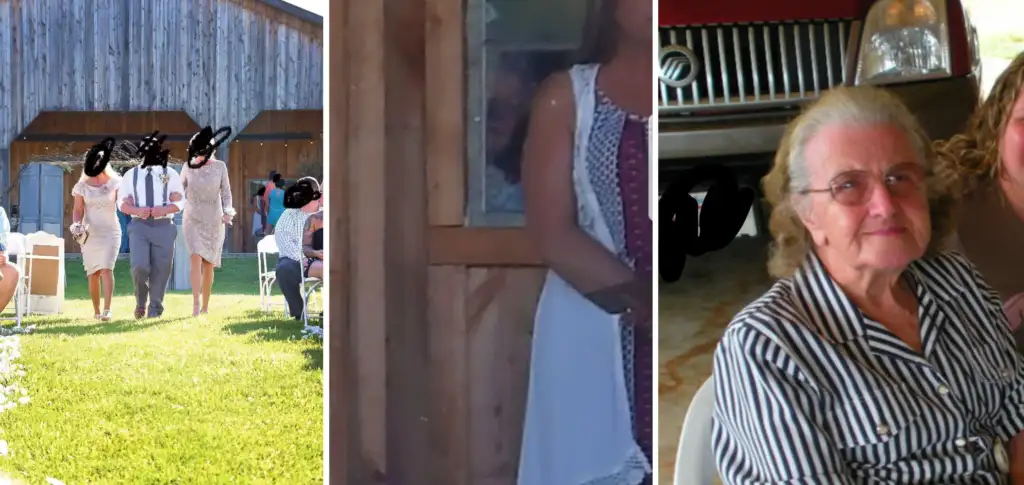 A collage of three images: the first shows a wedding ceremony outdoors with guests seated on grass; the second shows a woman standing by a wooden door, seen from the shoulders down; the third is a close-up of an older woman with glasses and grey hair, wearing a striped shirt.