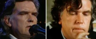 The image is a split-screen showing two different photos of the same man with shoulder-length hair. In the left image, he is holding a microphone and appears to be singing. In the right image, he is resting his chin on his hand, looking contemplative.