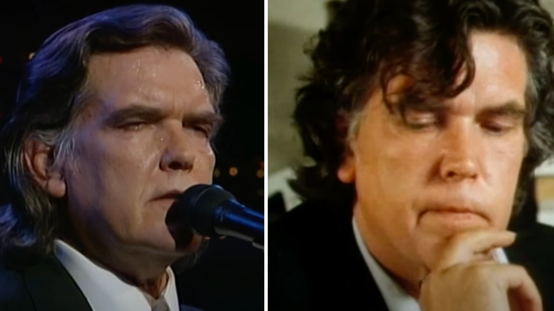 The image is a split-screen showing two different photos of the same man with shoulder-length hair. In the left image, he is holding a microphone and appears to be singing. In the right image, he is resting his chin on his hand, looking contemplative.