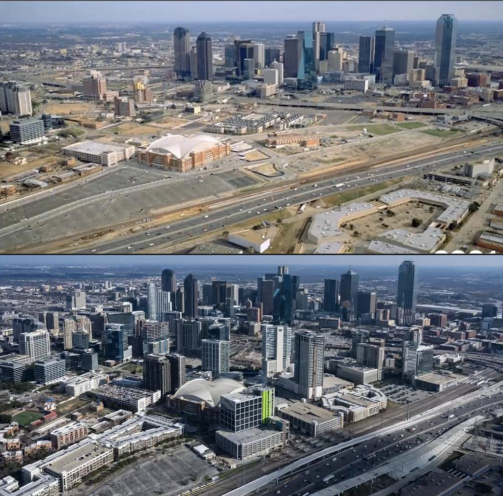 A split image showcasing an aerial view of a city's skyline at two different times. The top image shows sparse development with fewer, smaller buildings, while the bottom image reveals a more developed cityscape with numerous high-rise buildings and increased infrastructure.