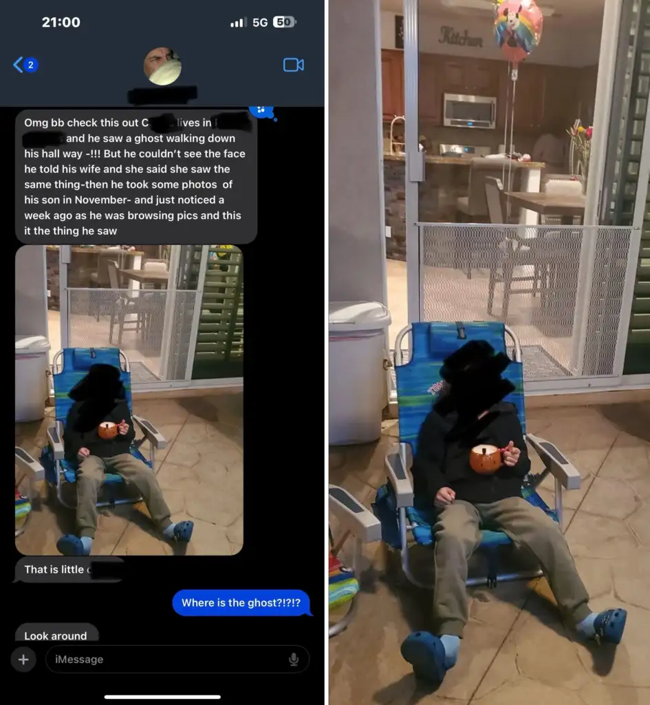 A text message conversation is depicted on the left, discussing a ghost sighting. On the right, a child sits in a reclining patio chair, surrounded by a pool area and balloons. The child's face is blacked out. The message at the bottom reads, "Where is the ghost?!?!?