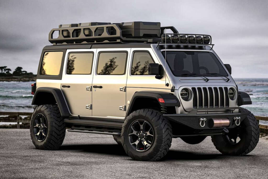 A rugged off-road SUV equipped with large tires, a roof rack with cargo boxes, and additional lights is parked near a coastline. The vehicle has a robust front bumper and a sleek, metallic body designed for adventurous terrain. The sea and trees are in the background.