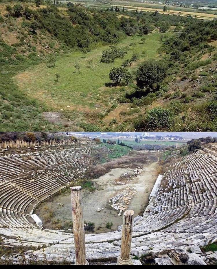 Two images show a restored and unrestored ancient amphitheater. The top image portrays an overgrown, grass-covered site with trees and vegetation. The bottom image reveals the restored amphitheater with stone seating and two standing columns, highlighting archaeological work.