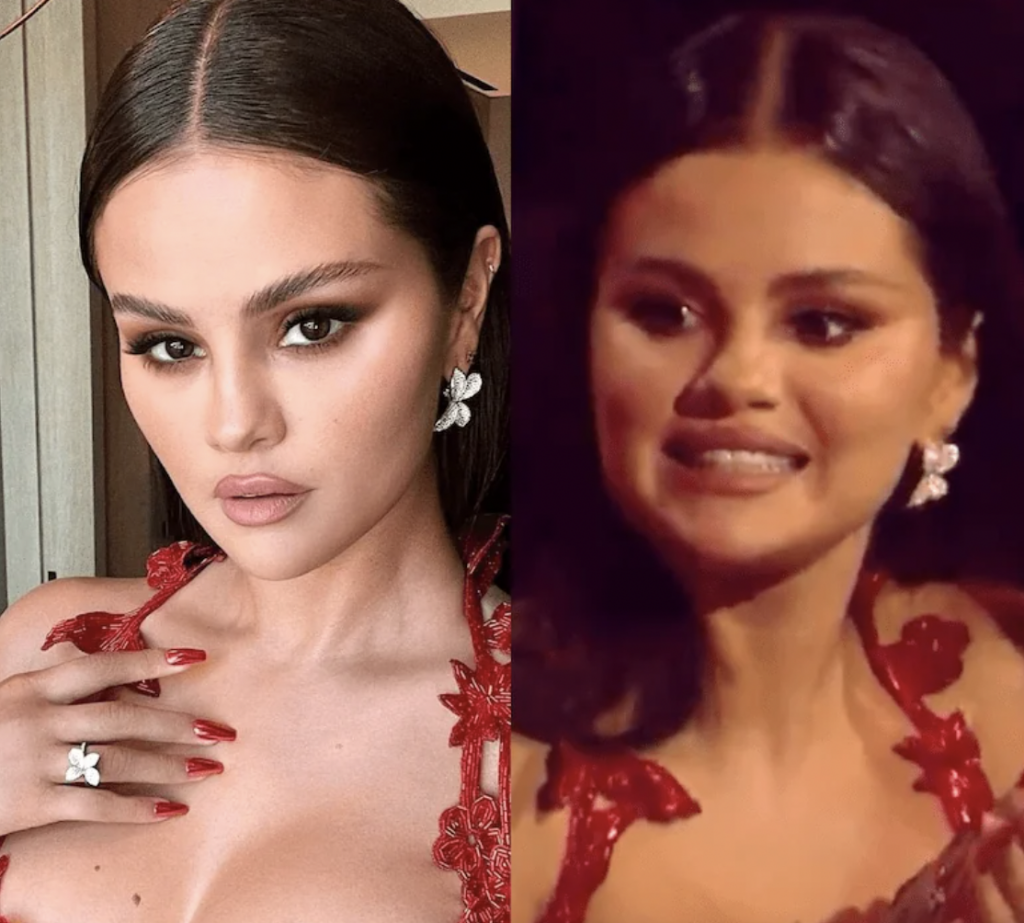 A woman with slicked-back hair wears a red lace outfit and flower-shaped earrings. On the left, she poses with her hand near her face, displaying matching red nails. On the right, she smiles, showing a similar look. Both images are side by side.