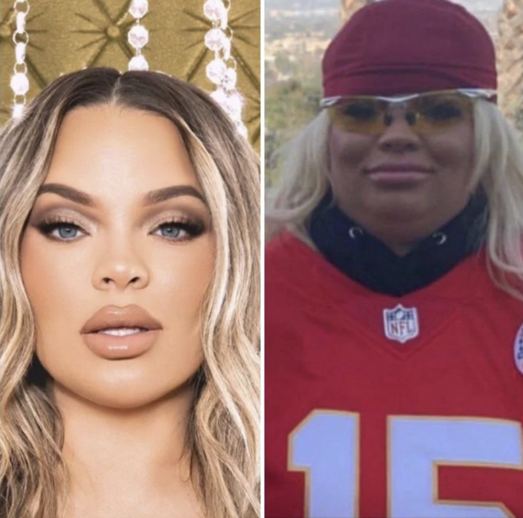 Split image showing two photos of the same person. On the left, the individual has long blonde hair styled in waves and wears makeup with a neutral expression. On the right, they wear a red football jersey, a red hat, sunglasses, and have a smiling expression.