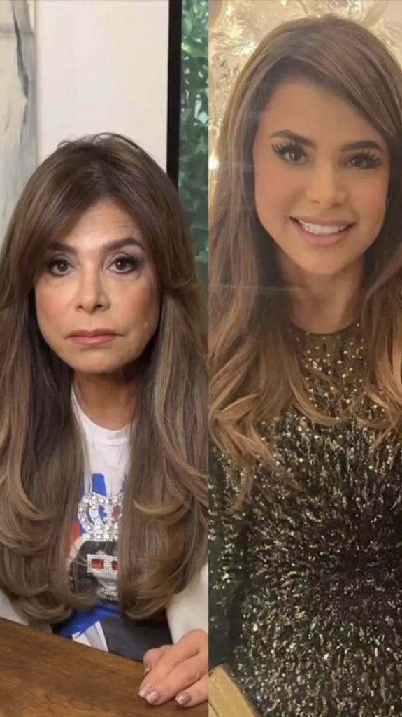 Two women with long, brown hair are pictured side by side. The woman on the left is dressed casually in a white T-shirt, while the woman on the right is smiling and wearing a sparkly black outfit with sequins. Both have similar hairstyles and similar hair color.