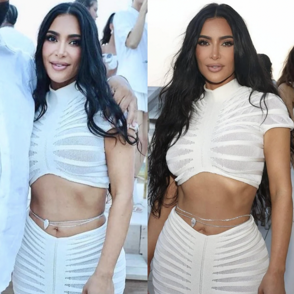 A woman with long dark hair, wearing a white crop top and matching high-waisted skirt, is seen in this side-by-side image. She has a slim chain belt around her waist. The left image shows her smiling and the right image shows her with a neutral expression.