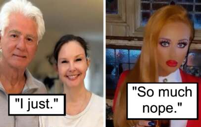 The image is split into two sections. The left section shows a man with white hair and a woman with dark hair smiling, with the caption "I just." The right section shows a woman with heavy makeup and bright red lipstick, with the caption "So much nope.