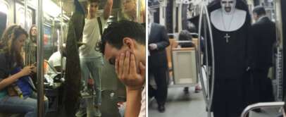 Left side: People on a subway, including a person standing with a peacock. Right side: A person dressed as a scary nun with a white face and black outfit standing in a subway car.