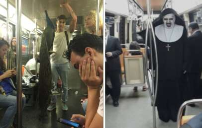 Left side: People on a subway, including a person standing with a peacock. Right side: A person dressed as a scary nun with a white face and black outfit standing in a subway car.