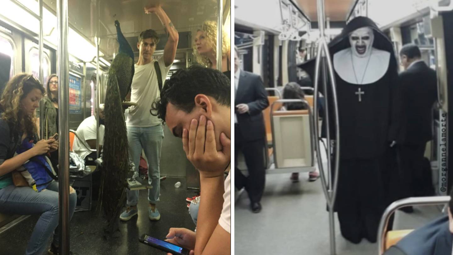 Left side: People on a subway, including a person standing with a peacock. Right side: A person dressed as a scary nun with a white face and black outfit standing in a subway car.