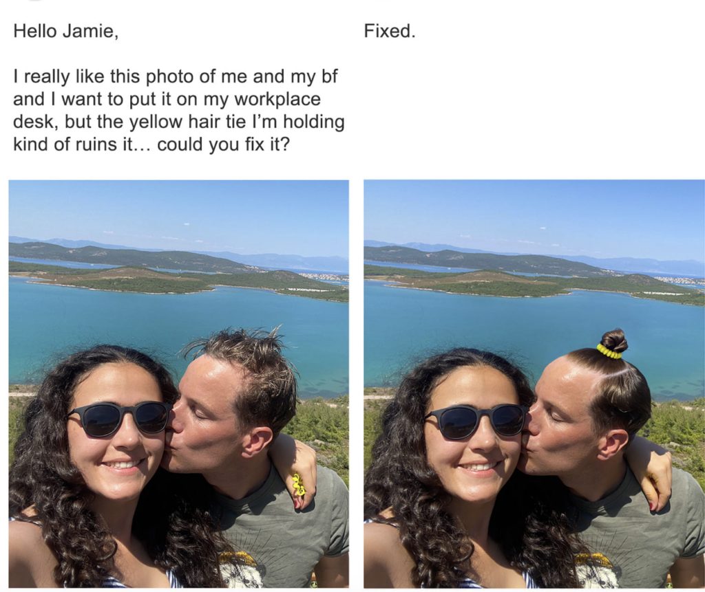 Two photos: The left photo shows a couple taking a selfie near a scenic lake. The woman has a yellow hair tie around her finger. The right photo is edited where the man's hair is tied up with the same yellow hair tie. The text above reads, "Hello Jamie, I really like this photo of me and my bf and I want to put it on my workplace desk, but the yellow hair tie I’m holding kind of ruins it... could you fix it? Fixed.