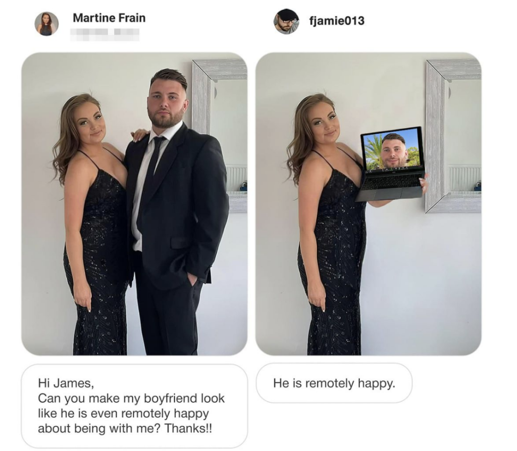 Two-panel image depicting a couple in formal wear. In the left panel, the couple poses together; the man looks serious. In the right panel, the woman poses alone, holding a laptop with her boyfriend's smiling face edited onto the screen.