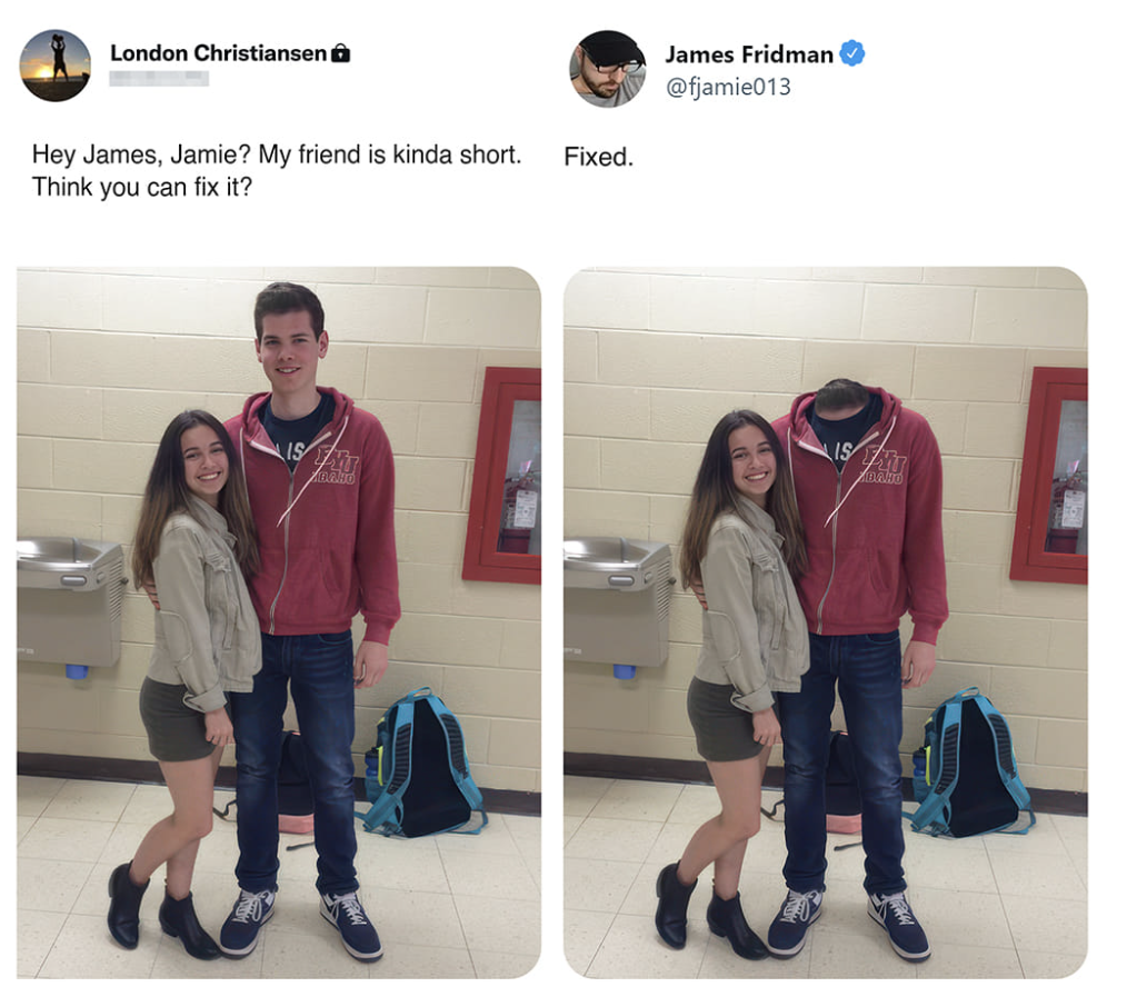 A Twitter conversation between a user asking James Fridman to make their shorter friend taller. The image shows two photos: the original with the shorter friend hugging a taller person, and the edited version where the shorter friend’s head is humorously removed.