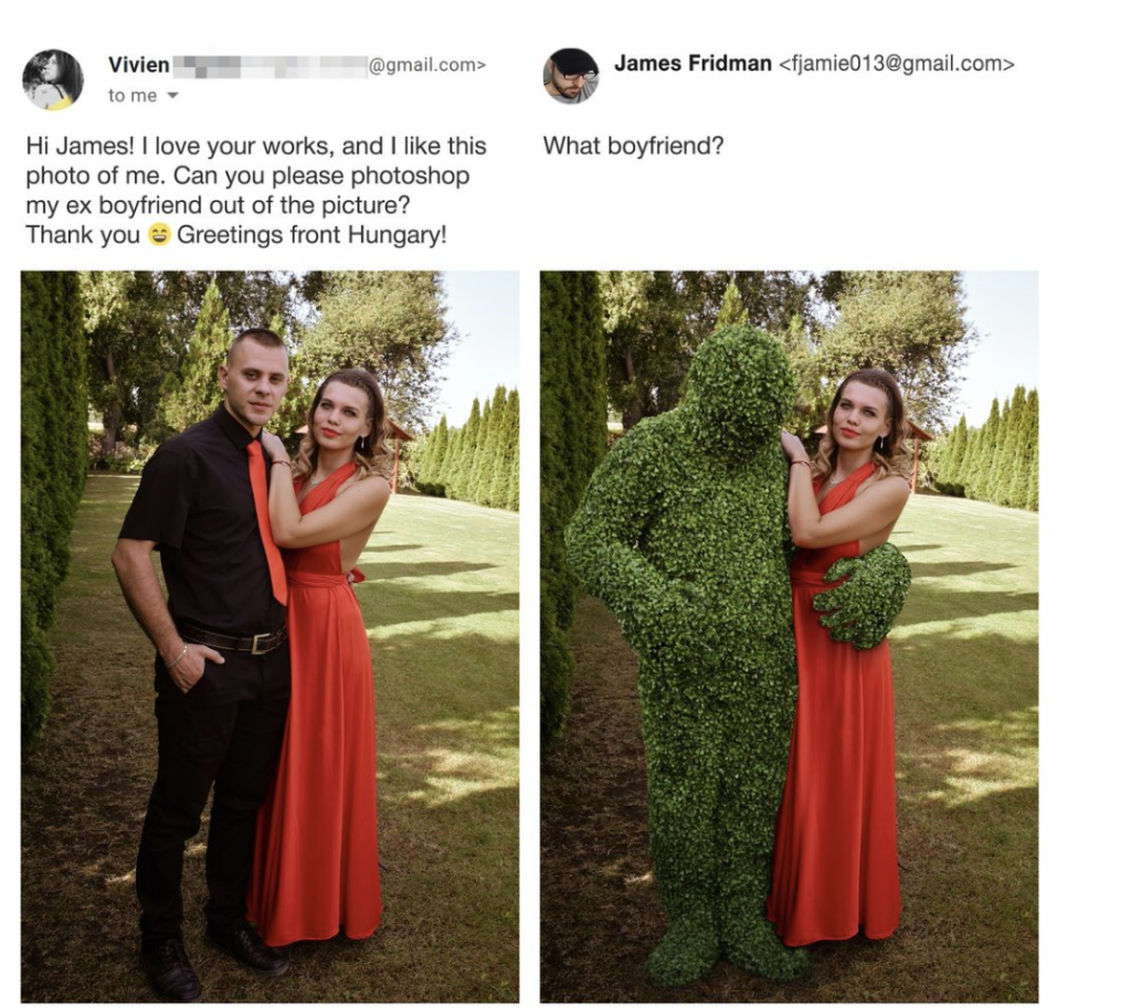 Two images of a woman in a red dress. Left image: the woman poses with a man, both standing outdoors. Right image: the man is humorously replaced by a person-shaped bush, as requested in an email to a person named James to Photoshop her "ex-boyfriend" out of the picture.