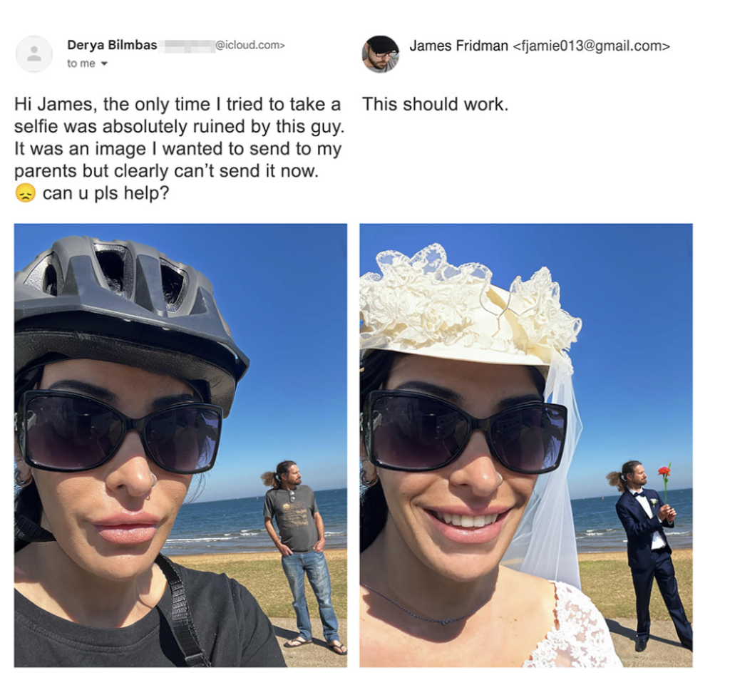 Two-panel image. Left: A woman in sunglasses and a helmet stands near the ocean with a man in the background. Right: The same woman, this time with a veil photoshopped onto her head, and the man is now photoshopped behind her holding a rose and wearing a tuxedo.