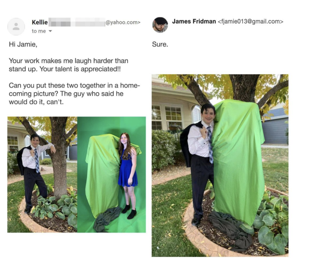 An email request is shown asking for two individuals to be photoshopped together in a homecoming picture. To the right, there is an edited picture of a man in formal attire photoshopped standing next to a covered tarp in front of a tree.