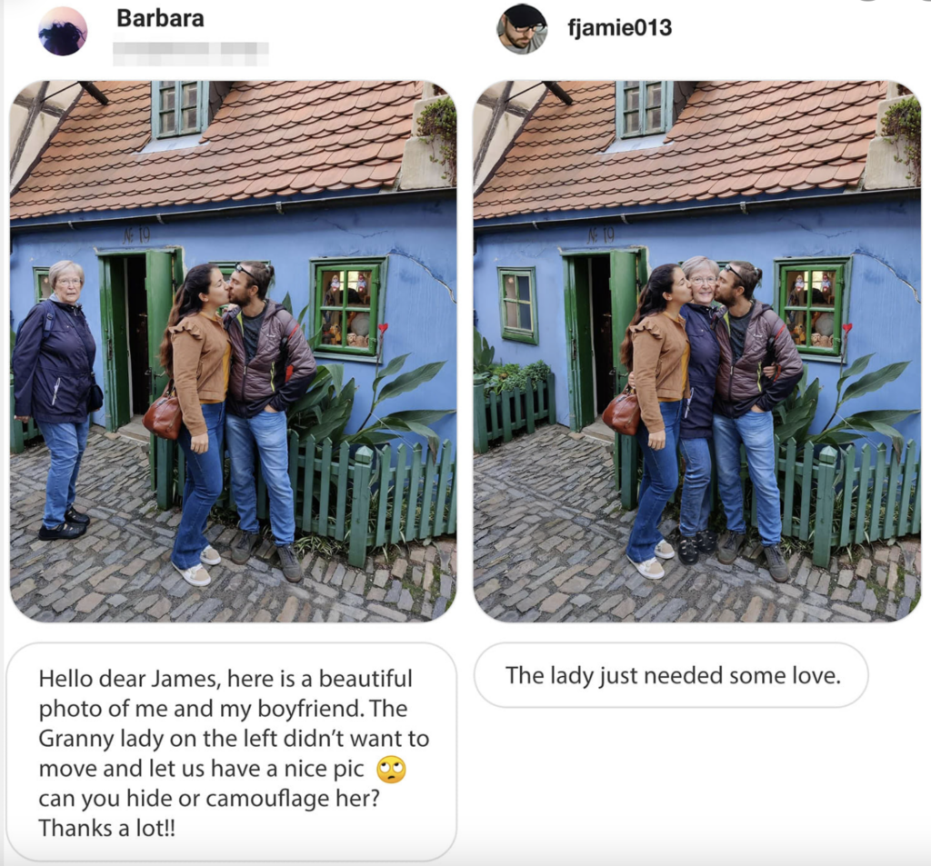 Two images show a couple posing affectionately in front of a quaint, colorful house with a tile roof. In the left image, an older woman stands nearby, seemingly unaware. The right image is edited to remove the woman. Captions reference the removal request humorously.