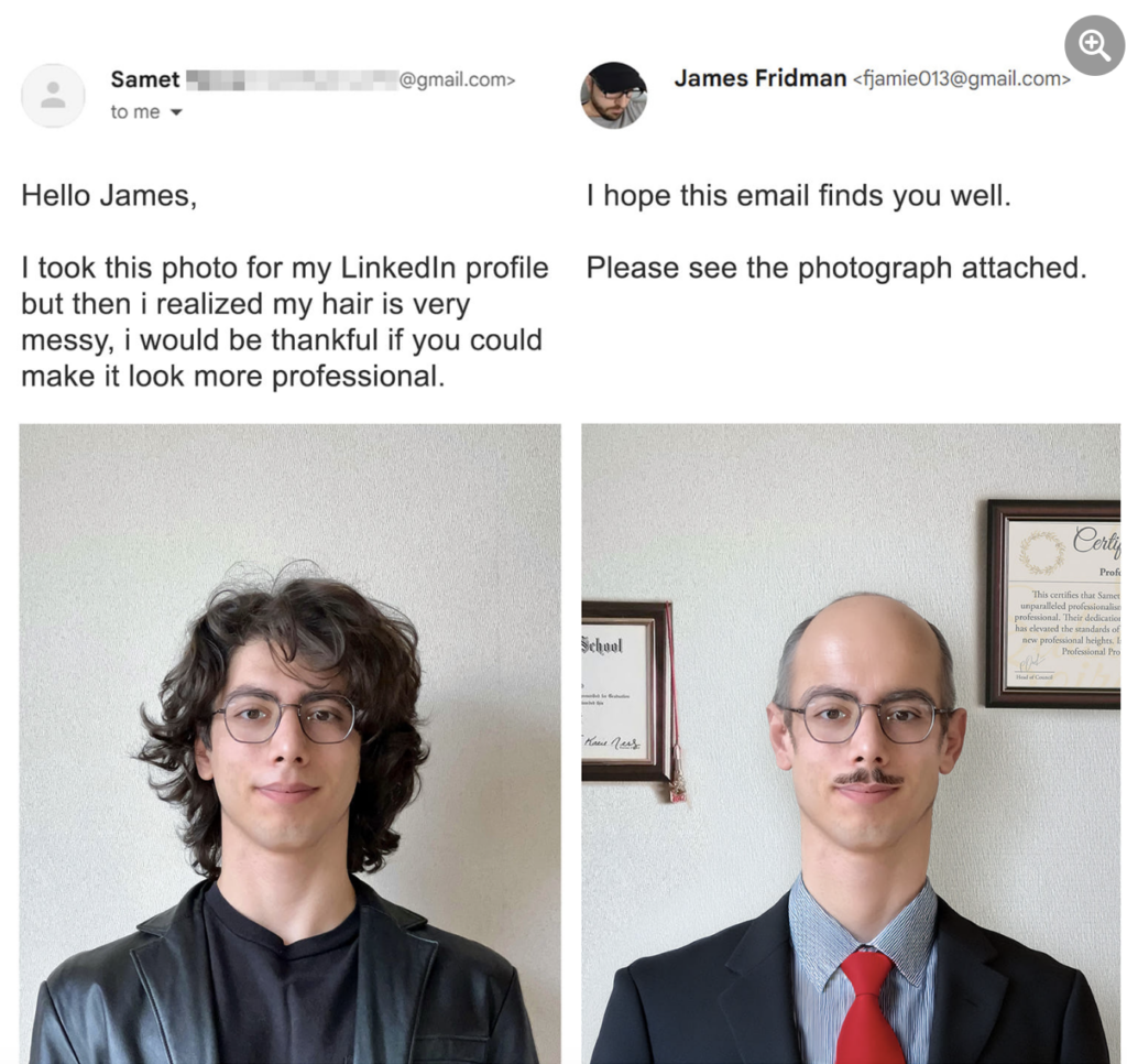 A side-by-side image showing an email exchange and comparison photos. Left: A man with long curly hair in a casual outfit. Right: The same man with short, combed hair and a mustache in a suit and tie. The email requests a photo edit to look more professional.