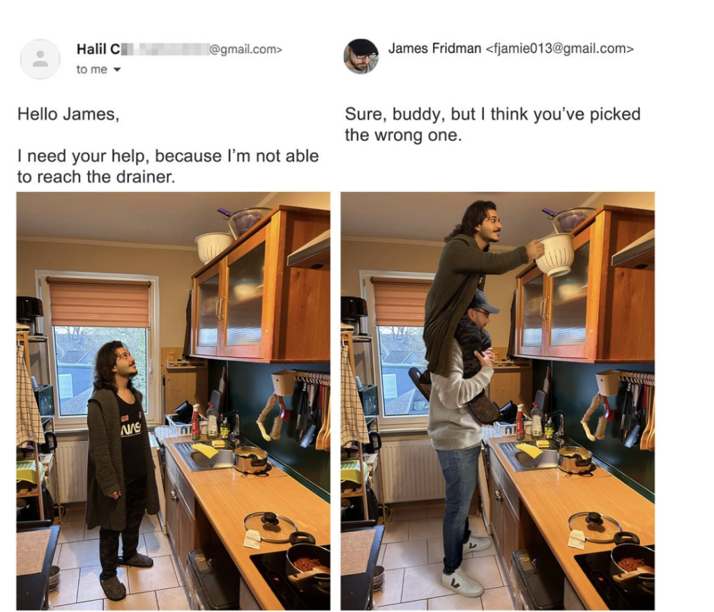 Left image: A person standing in a kitchen looking up at an out-of-reach dish drainer. Right image: The same person standing on someone's shoulders, attempting to reach the dish drainer, while the person carrying them looks bemused. Conversation text above.