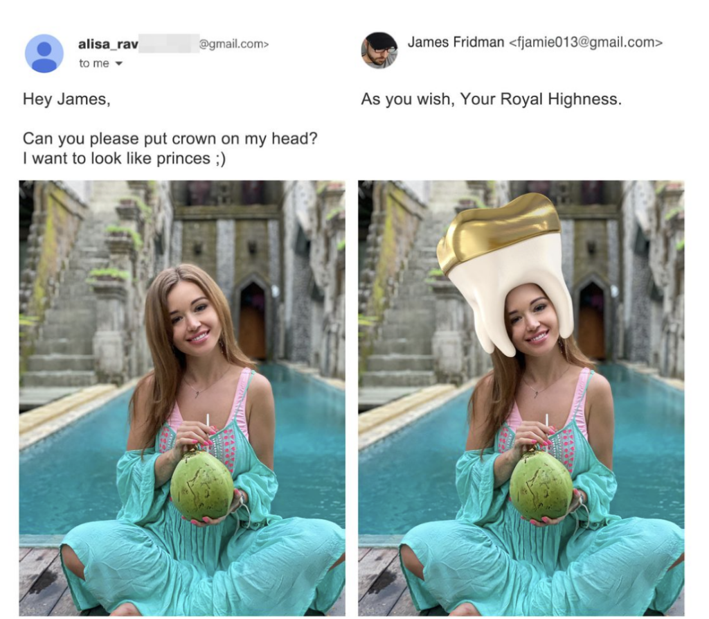 A woman in a teal dress sits by a pool, holding a coconut. An email exchange above asks for a crown edit to make her look like a princess. The first image shows the woman without a crown, and the second image humorously shows a giant tooth-shaped crown on her head.