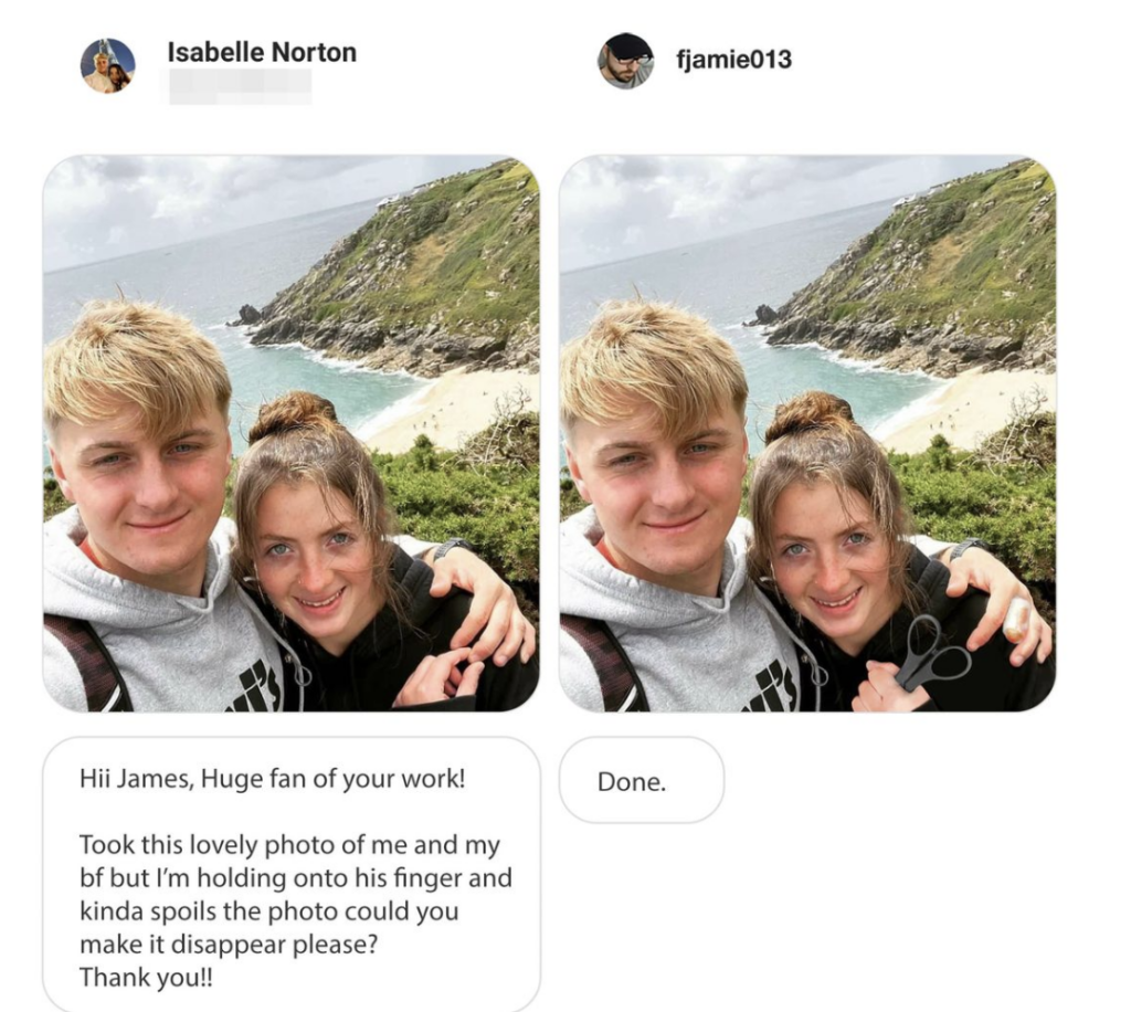 Two photos of a young couple posing on a scenic hillside with a view of the ocean in the background. In the first photo, the woman's hand is on the man's finger. In the second photo, the hand has been edited out. There is a chat showing the photo edit request and confirmation.