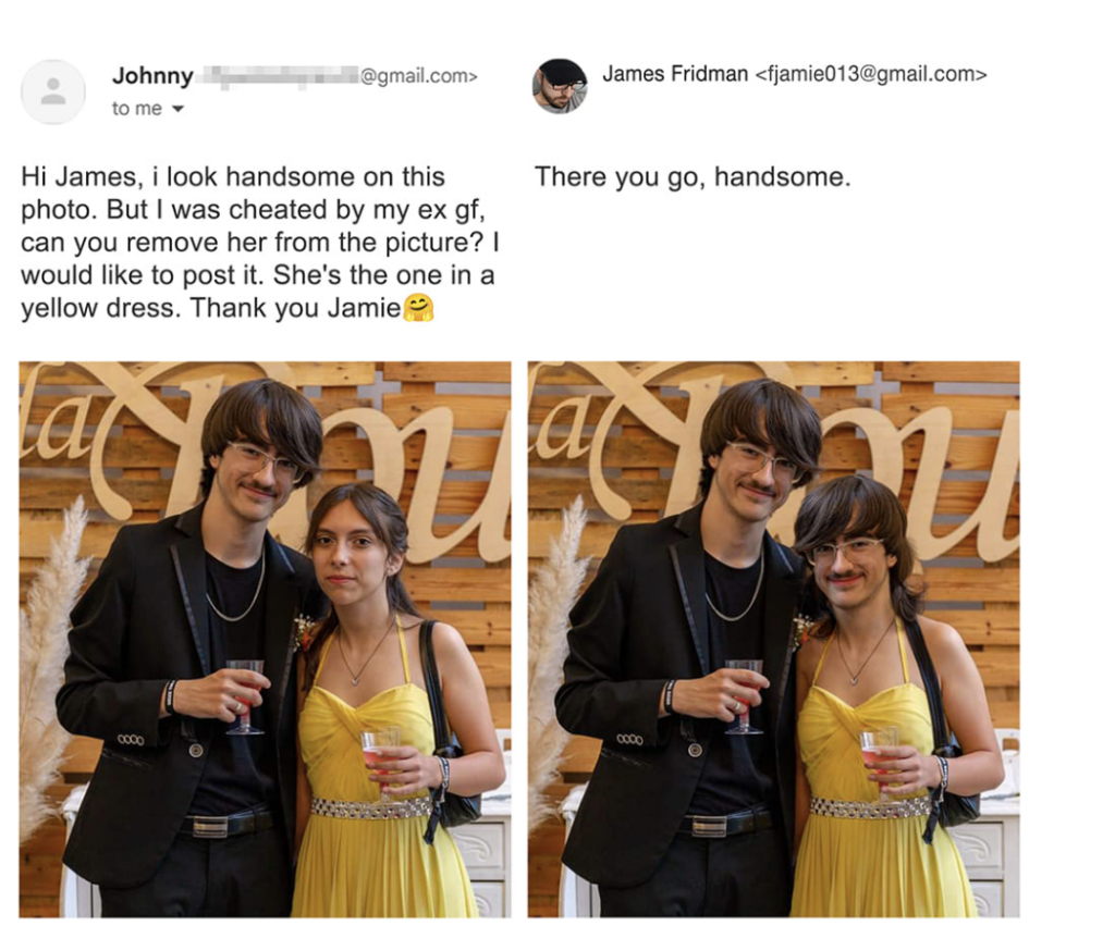 Split image with two versions of the same photo. The left side shows a man and a woman standing closely together, both smiling. The right side is identical except the woman's dress is edited out, forgotten, indicating a humorous photo editing request mishap.