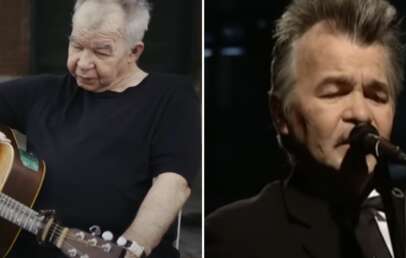 A split image shows the same older man in two different settings. On the left, he sits outdoors, holding an acoustic guitar and wearing a black shirt. On the right, he wears a suit and tie and is singing into a microphone on stage, eyes closed in concentration.