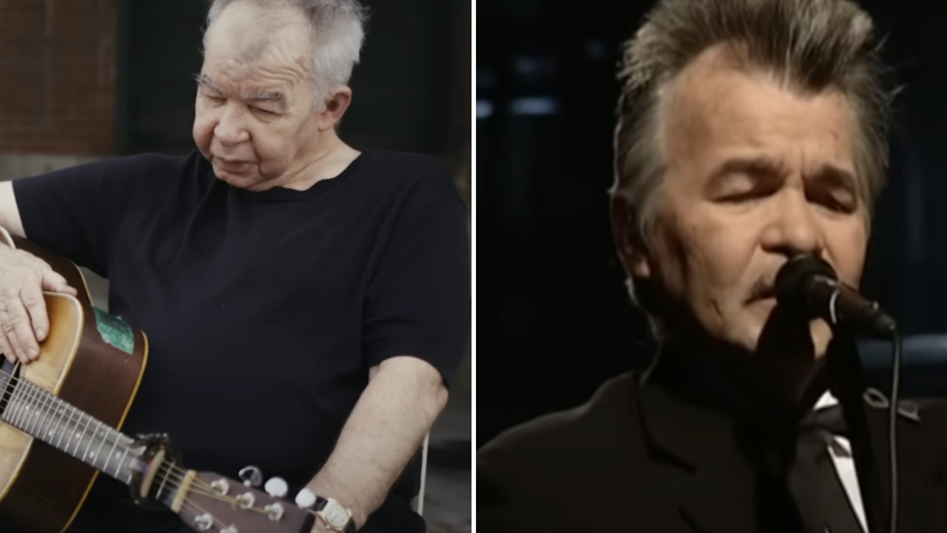A split image shows the same older man in two different settings. On the left, he sits outdoors, holding an acoustic guitar and wearing a black shirt. On the right, he wears a suit and tie and is singing into a microphone on stage, eyes closed in concentration.
