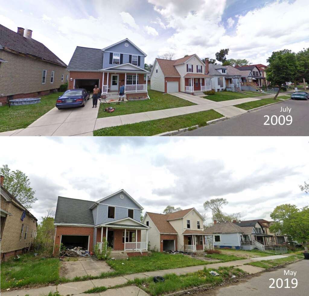 Two side-by-side images show the same street in different years. The top image, dated July 2009, depicts well-maintained houses and cars parked along the street. The bottom image, dated May 2019, shows a more deteriorated street with neglected houses and overgrown vegetation.