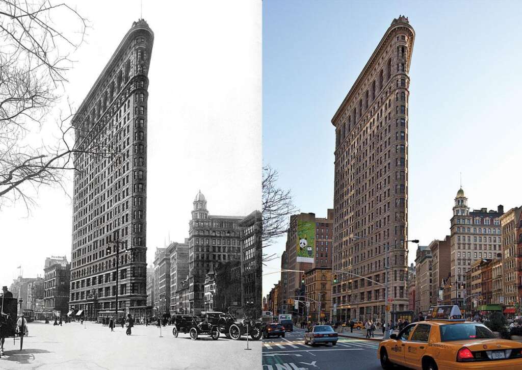 Side-by-side images of the Flatiron Building in New York City. Left: Black and white photo from the early 1900s with vintage cars and fewer skyscrapers. Right: Modern color photo with yellow taxis, updated street signs, and more developed surrounding buildings.