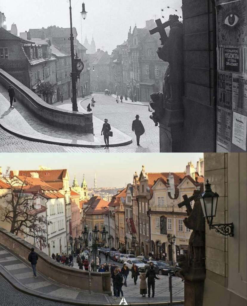 A split image shows a street scene from Prague. The top half is a historical black-and-white photo with people walking on a curved street lined by old buildings. The bottom half is a contemporary color photo of the same street, with modern buildings and more people.