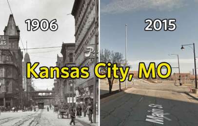 A side-by-side comparison shows Kansas City, MO, in 1906 and 2015. The 1906 image has a bustling street with tram tracks, tall historic buildings, and pedestrians. The 2015 image depicts a modern, quieter street with a few trees, streetlights, and new buildings.